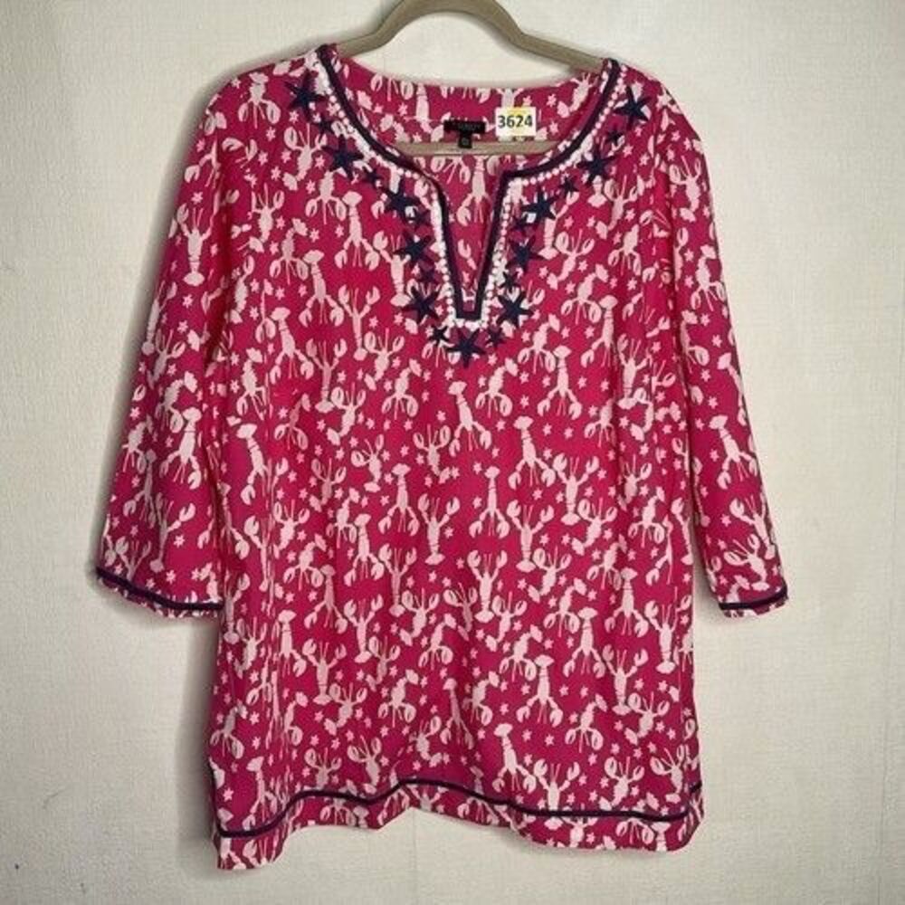 NWOT Talbots Lobster Navy‎ Embroidered Starfish 3/4 Sleeve Tunic Women Size 2XP